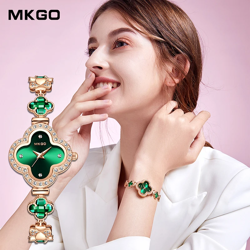 MKGO Brand New Luxury Fashion Ladies Watch Quartz Retro High Sense Bracelet Crystal Inlaid Diamond Women\'s Waterproof Watches