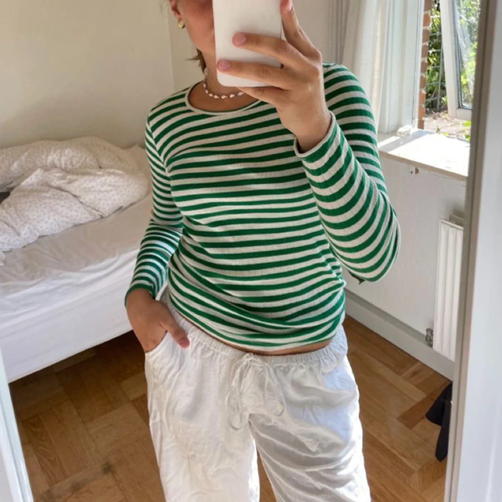 Vintage Preppy Style Y2K Crop Tops Clothes Cottage Striped Rib Knitted T-shirt Women Long Sleeve Casual Basic Tees Pullovers
