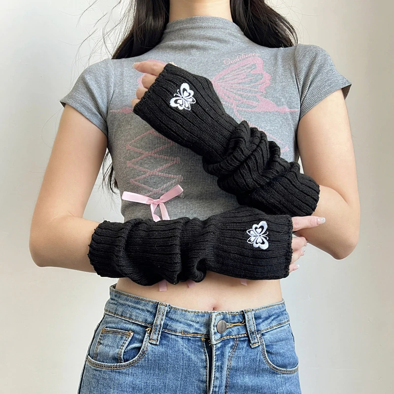

Sweet Girl Fingerless Gloves Punk Knitted Long Arm Sleeves Lolita Cute Mittens With Thumb Hole Cosplay Costume Accessories
