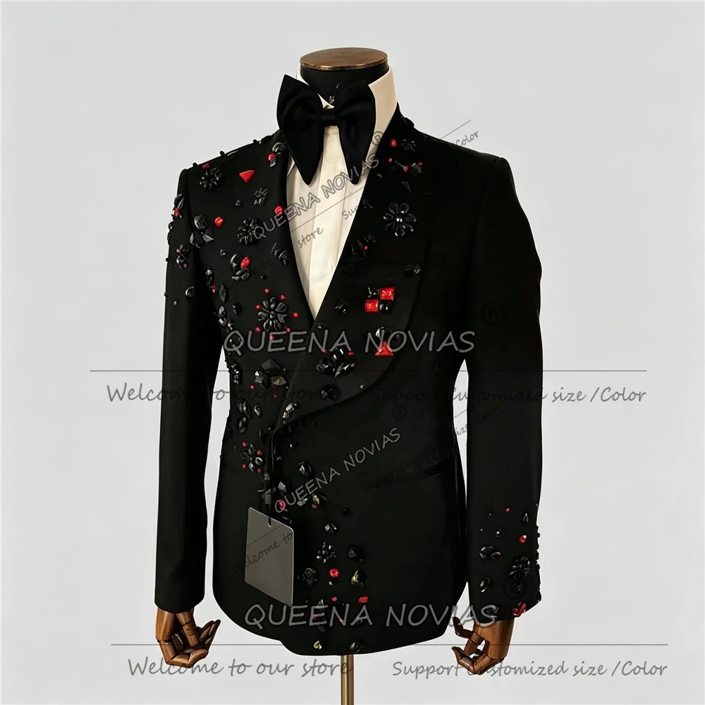 Exclusive Rhinestone Beaded Suit Men For Wedding Doubole Breasted Jacket Pants 2 Piece Sets Man Banquet Tuxedo Terno Masculinos