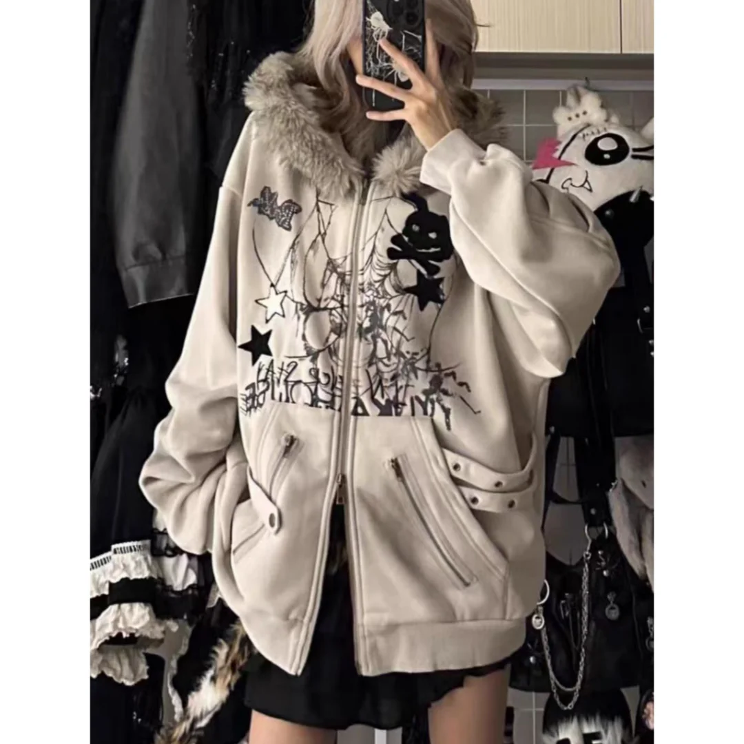 

Y2K Aesthetic Bunny Ear Zip Up Hoodie Women's 2025 New Oversized Halloween Graffiti Print Jacket Autumn Warm Fleece Furry Coat