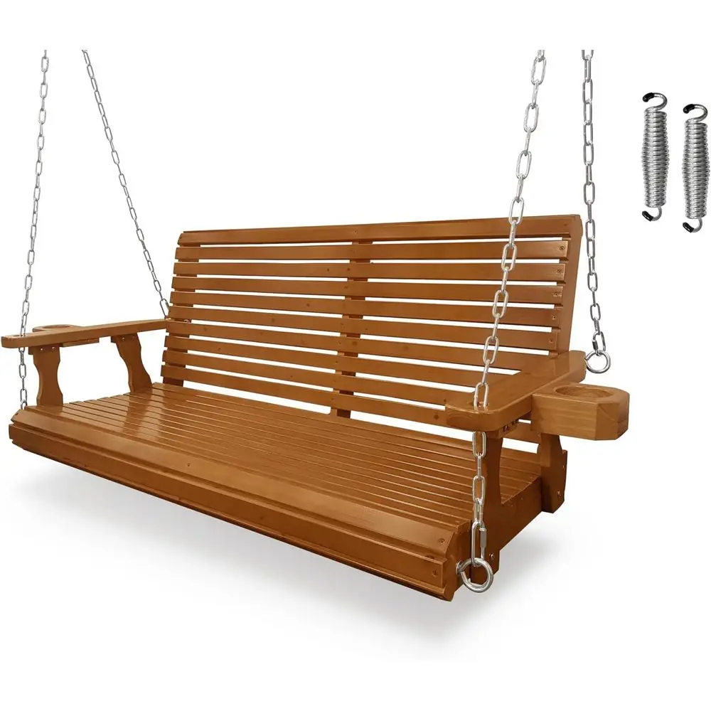 

2-Seater Wooden Porch Swing with Cupholders, Hanging Chains, 7mm Springs, 880 lbs Capacity for Outdoor Patio Garden Yard