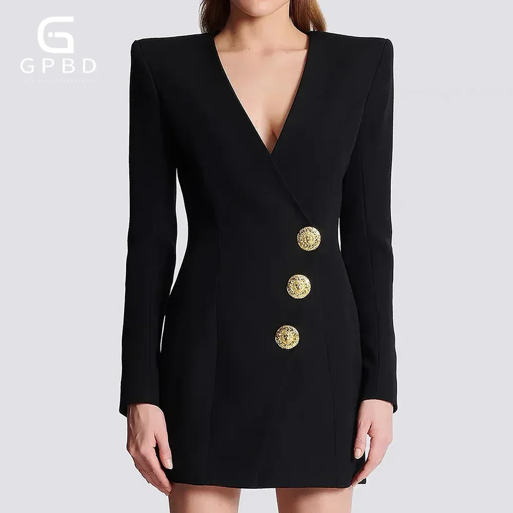 Women's Solid Formal Suit Dress, Long Sleeves, Button Slim, V-neck Back Zipper, Classic Mini Suit Dress, Sheath