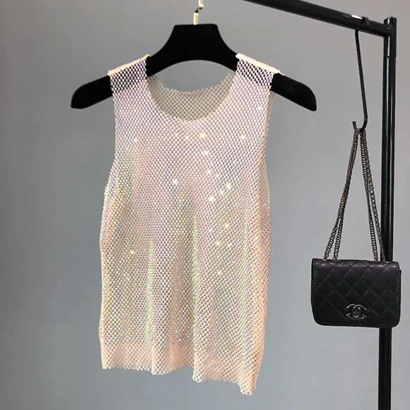 Glitter Crystal Beading Shiny Tanks y2k tops Party Club Sexy Hollow Out Diamonds Sleeveless Vest For Women Beach Party Nightclub