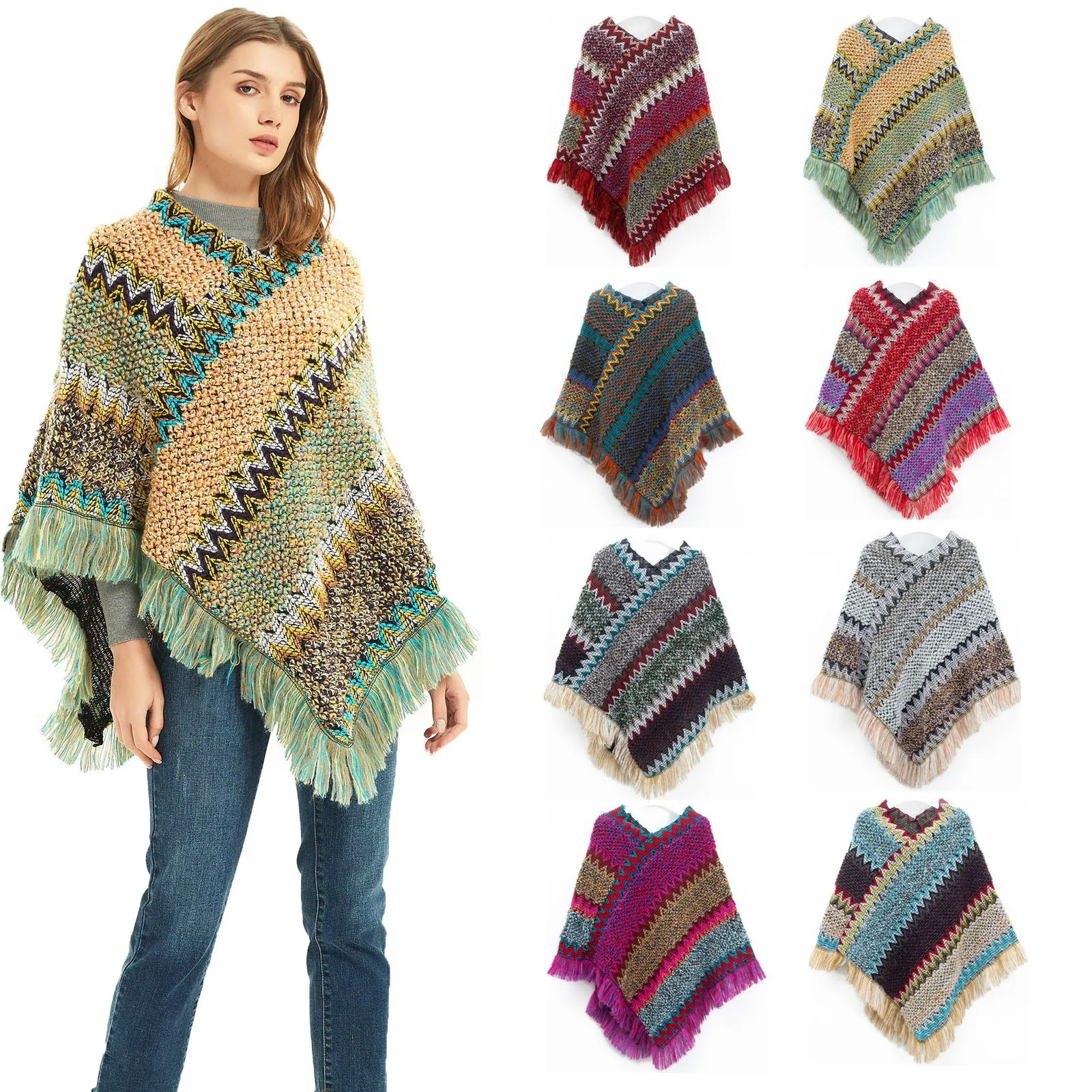 여성용 에스닉 스타일 니트 카디건 케이프 판초 랩, 레트로 태슬 숄, 스톨 망토, 여행 따뜻한 숄 및 랩, 파시미나
