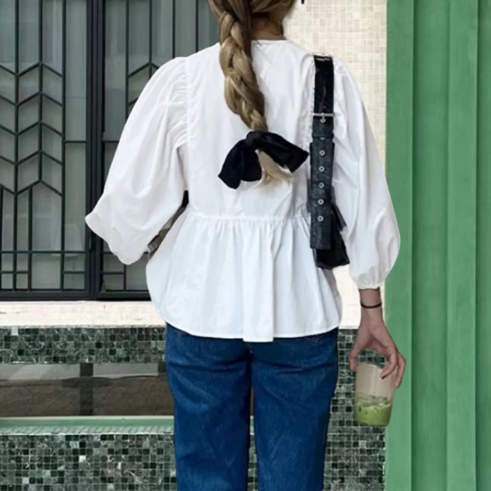 Camisa blanca con dobladillo y volantes para mujer, abullonada Top de manga, blusa con cordones, Tops bonitos para niñas adolescentes, nueva camisa elegante para mujer