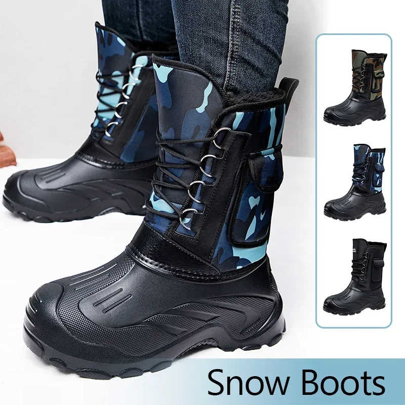 

Зимние ботинки, теплые плюшевые мужские зимние ботинки, высокие мужские ботинки до середины икры, водонепроницаемые мотоциклетные уличные противоскользящие мужские походные ботинки