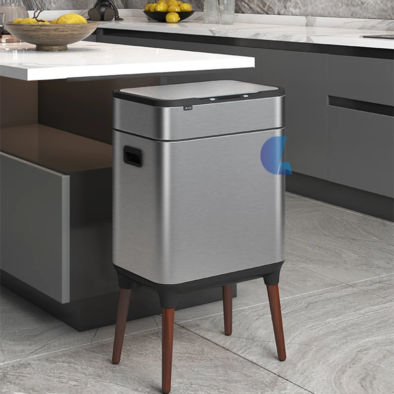 

New Large Capacity Motion Kitchen Trash Can with Wooden Legs Brushed Stainless Steel Motion Sensor Trash Can Kitchen Garbage Bin