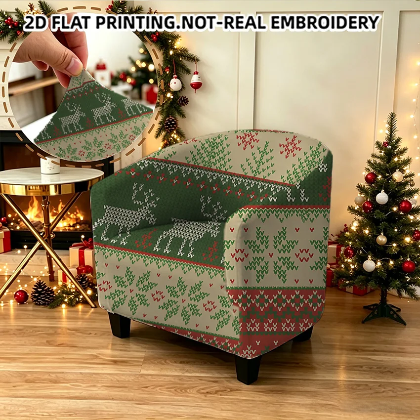 Vintage Christmas Fair Isle Seamless Imitation Knitted Pattern Armrest Sofa Cover, 2D printed elastic Single Club Sofa Cover