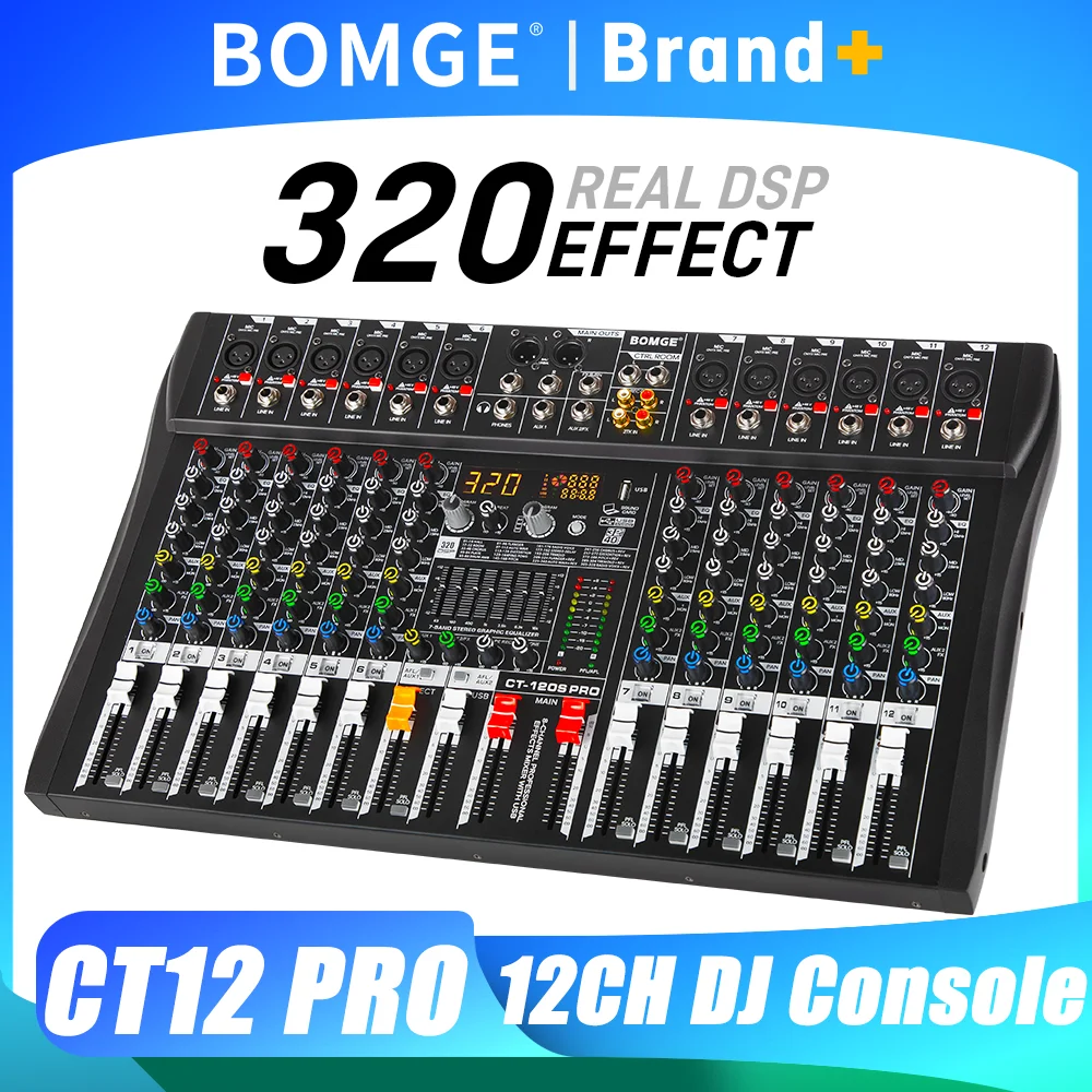 

Профессиональный 12-канальный аудиомикшер BOMGE, DJ-пульт с USB, фантомным питанием 48В, 320 DSP-эффектами, звуковой пульт для сцены