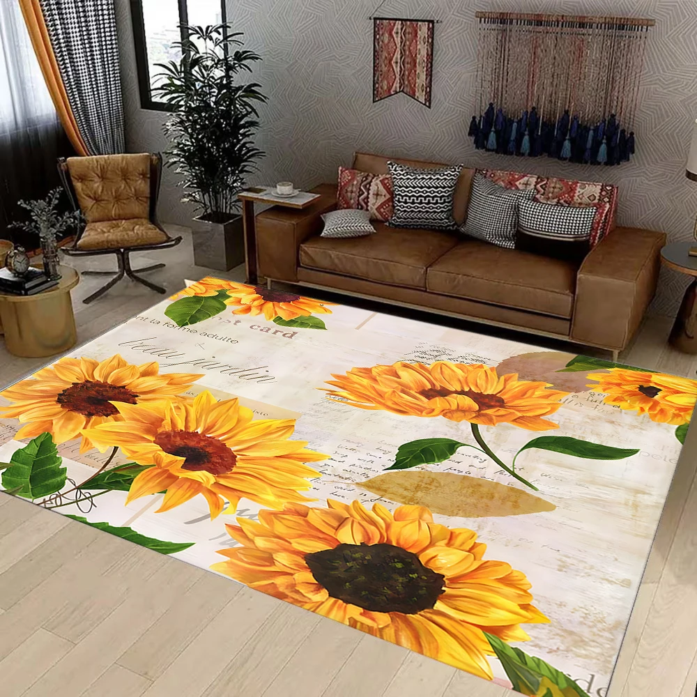 Vintage Sunflower Print Area Rug Non-Slip Bohemian Floor Carpet for Living Room Bedroom Home Decor Yellow Floral Pattern Mat