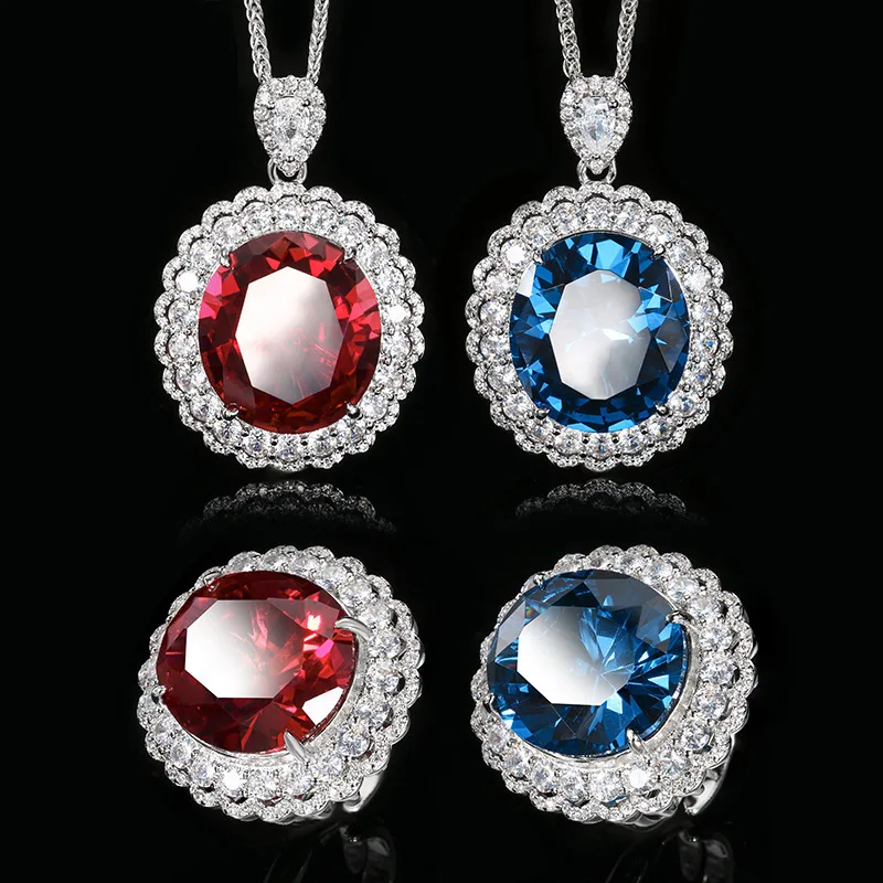 Luxury Double Halo Oval Created Color Zircon Jewelry Set For Women Party Pendant Necklace Ring Set Red Blue Optional