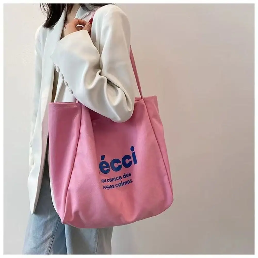 1PC Solid Color Print Shoulder Bag Autumn Print Large Capacity Shopping Bag Student Canvas Books Handbag