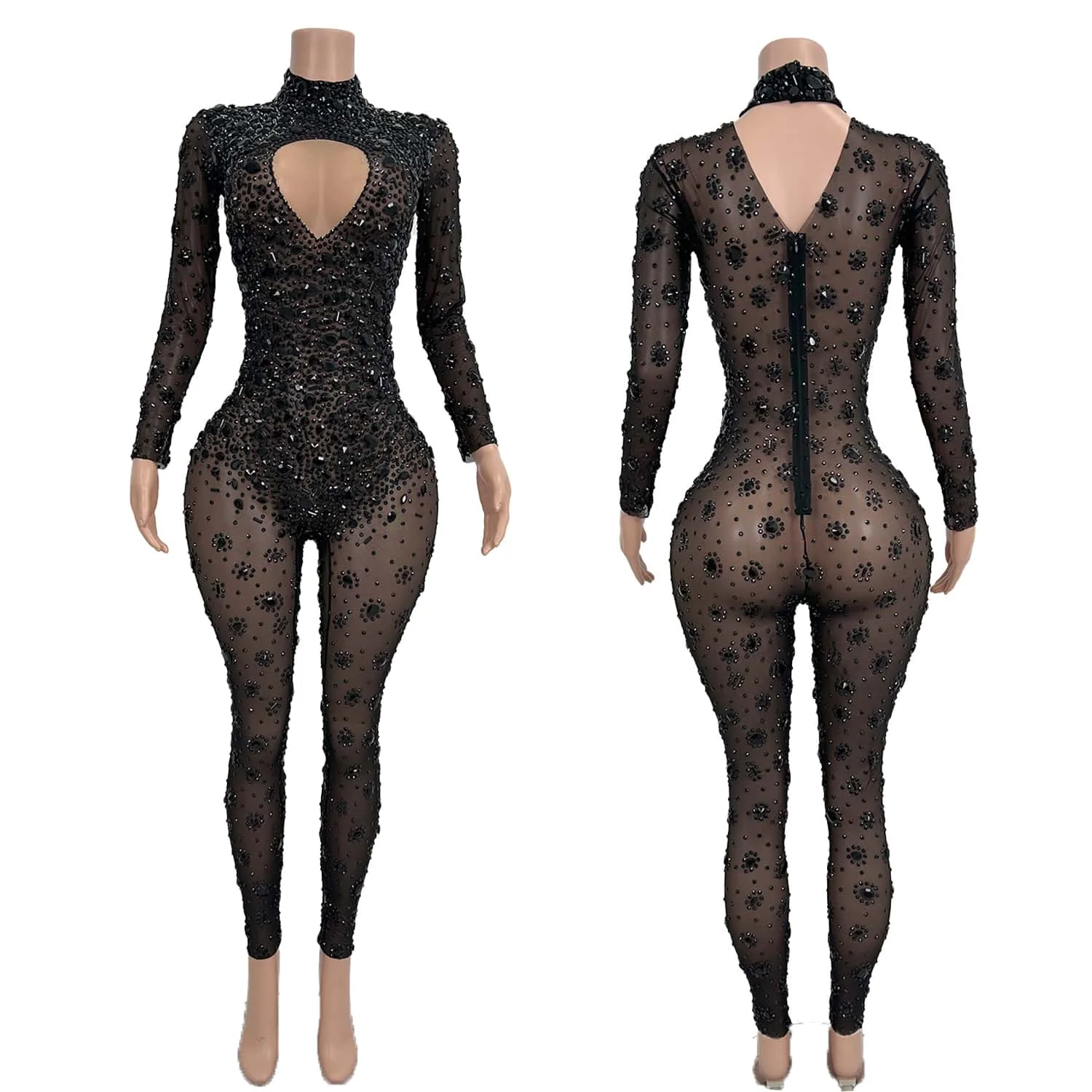 

Sexy Black Rhinestones Stage Performance Jumpsuit Mesh Transparent Leggings Design Evening Birthday Celebrate Bodysuit Cuican