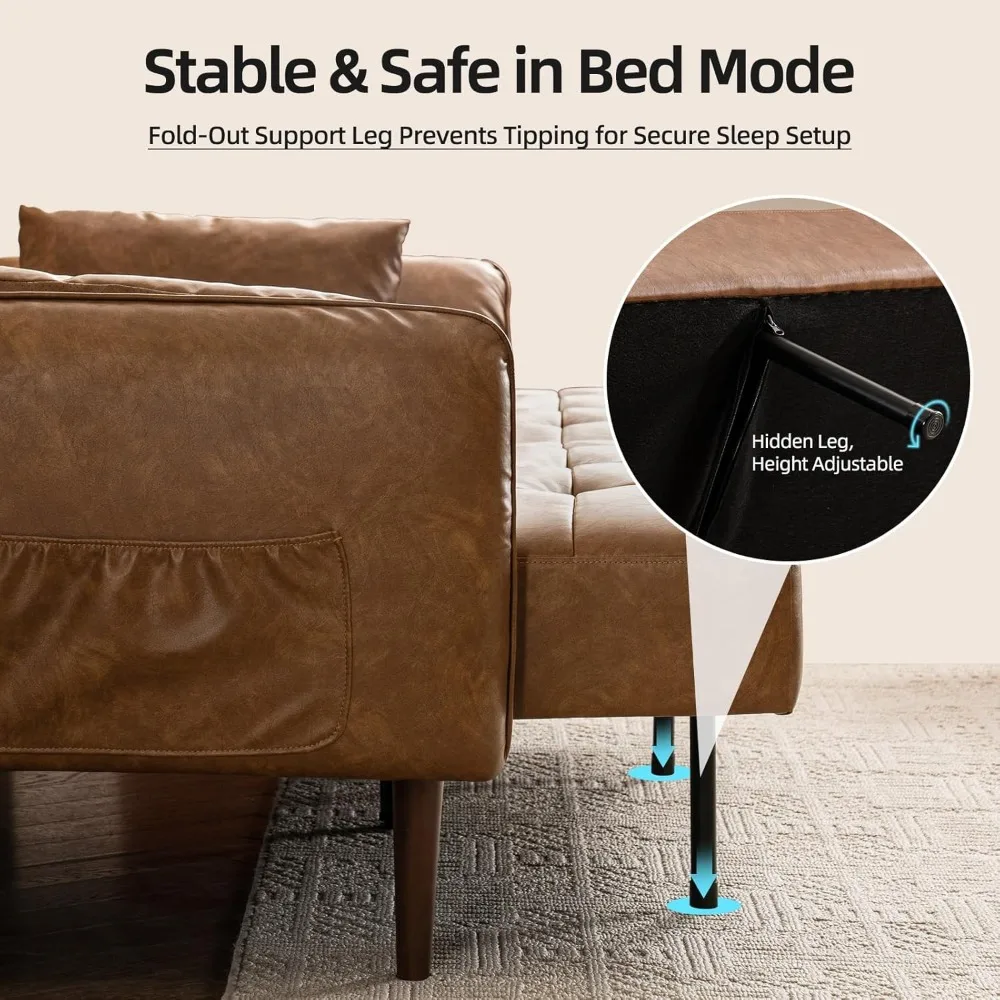 أريكة سرير فوتون حديثة من الجلد الصناعي لمنتصف القرن مع مساند للذراعين قابلة للتعديل، وسائد بمقعدين للنوم، أريكة صغيرة لـ C #6