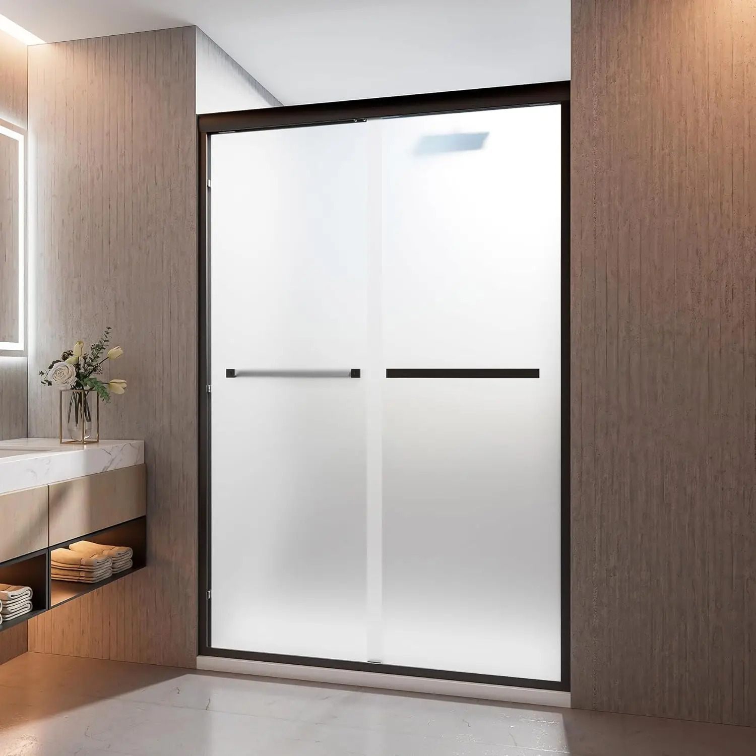 

Frosted Shower Doors, 44-48 in W x 72 in H, 1/4 in(6mm) Tempered Glass, Black Semi-Frameless Sliding Shower Door with Aluminum F