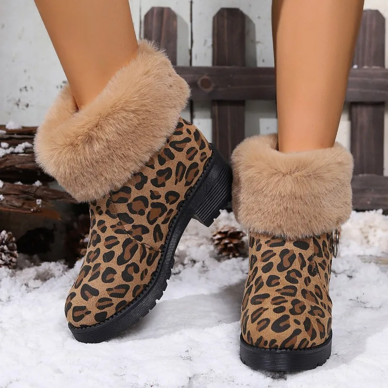 

Леопардовые замшевые хлопковые ботинки на блочном каблуке, новые зимние ботинки с круглым носком и боковой молнией на платформе, противоскользящие износостойкие ботинки
