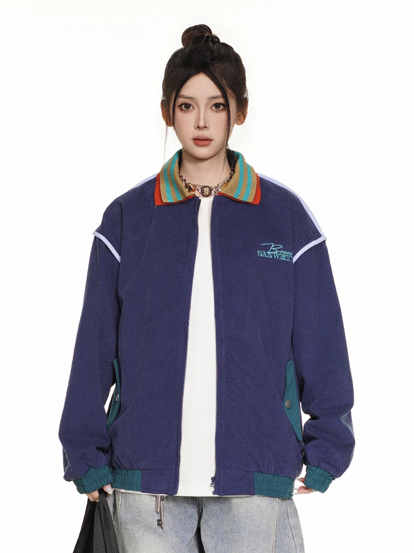 

American Retro Patchwork Jaet Men's Spring New Casual Sports Outerwear Embroidered Collar Zipper Closure Long Sve Cotton