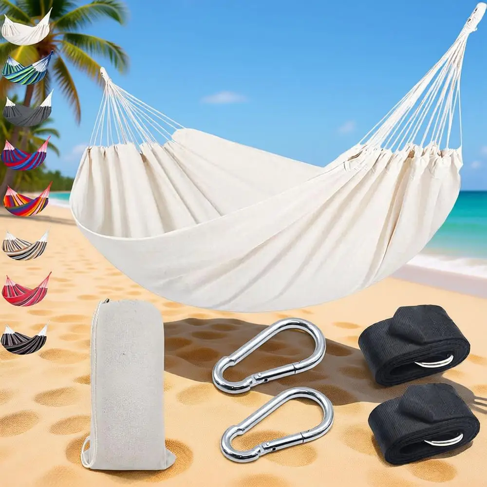 

Portable Double Hammock with Tree Straps for Outdoor, Indoor, Patio, and Backyard Use (Beige White)