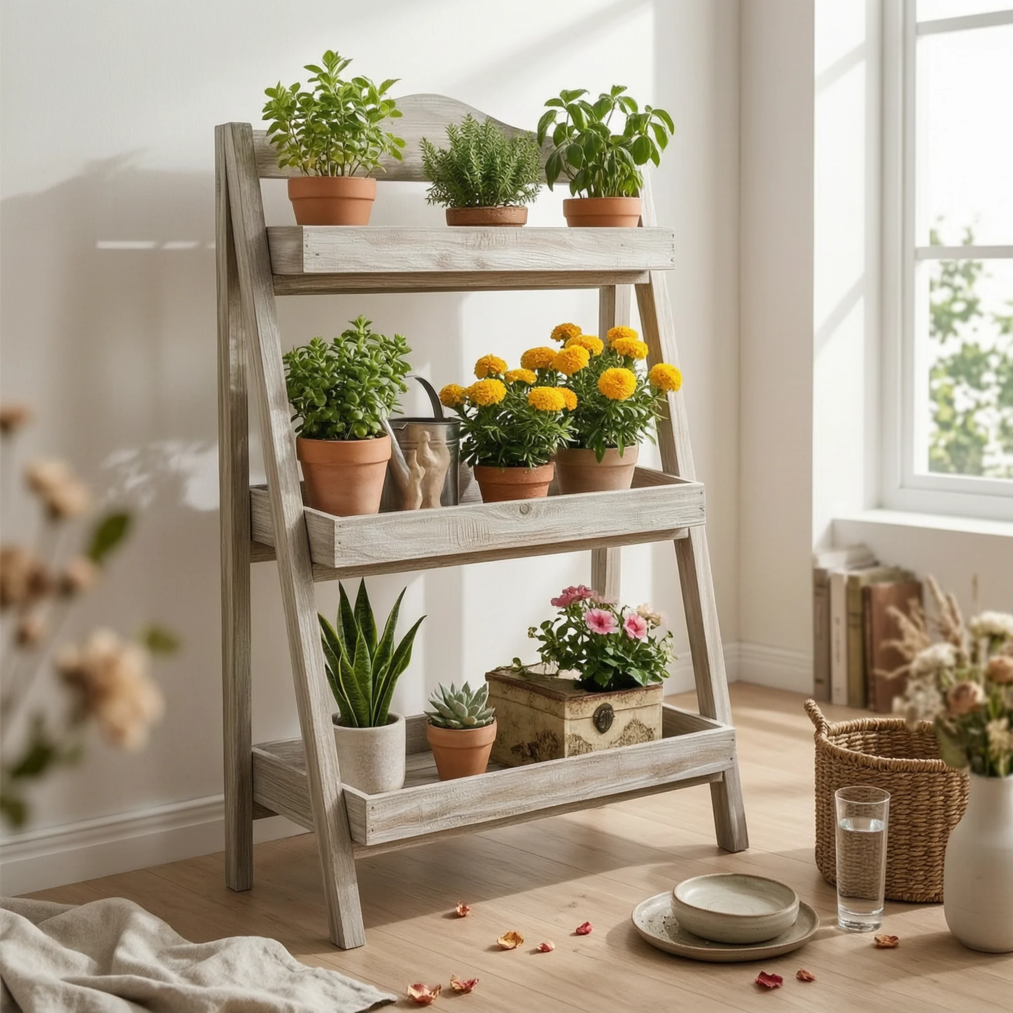 Three-Tier Flower Stand Rustic 3-Tier Plant Ladder Shelving Freestanding Furniture Compact for Gardeners, Indoor Corners, Patio