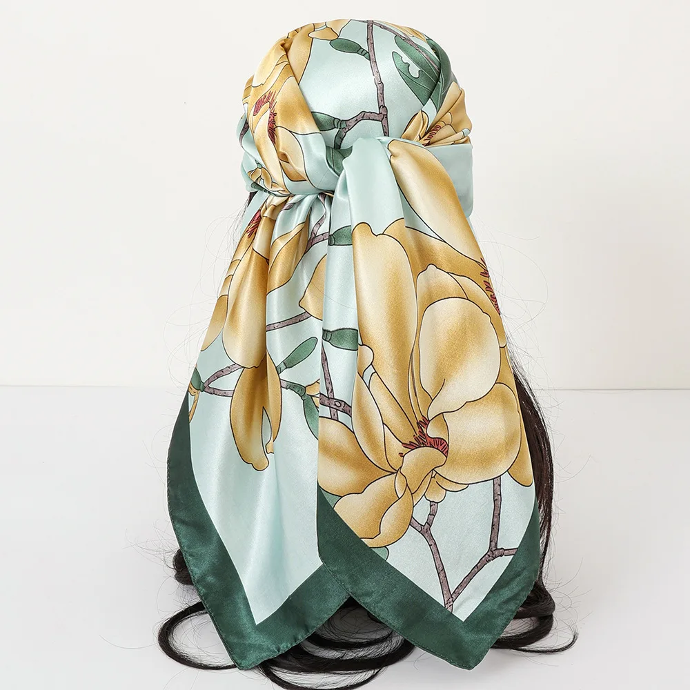 Printed Satin Silk Imitation Scarf Women Flowered Branches Floral Fresh Pashmina Shawls Silk Wraps Ladies Hijab Scarves 90x90cm