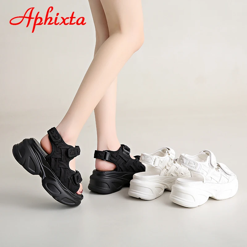 Aphixta Summer 7.5cm Platform Sandals Women Wedge Heels Shoes Adjustable Hook & Loop Silk Fabrics Cool Beach Slides Plus Szie 42