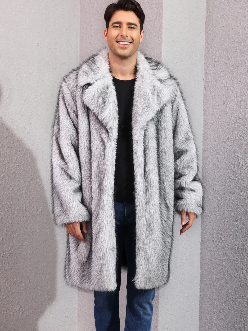 Men Faux Fox Fur Coats Thick Overcoats Jackets Long Sleeves Turn