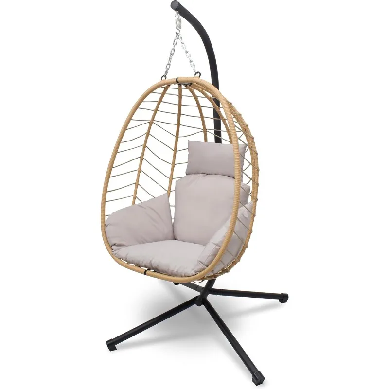 Stand Patio Hammock Swing Chair Basket Wicker Rattan Adjustable Height UV Resistant Indoor Outdoor Use 300Lbs Beige