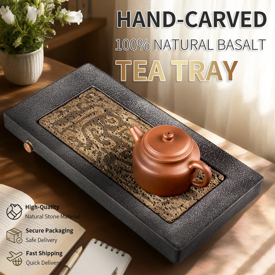 Stone Tea Tray Hand Carved Chinese Phoenix Pattern Rectangle Tea Set Tray Oriental Home Office Decor Gift 30×15cm