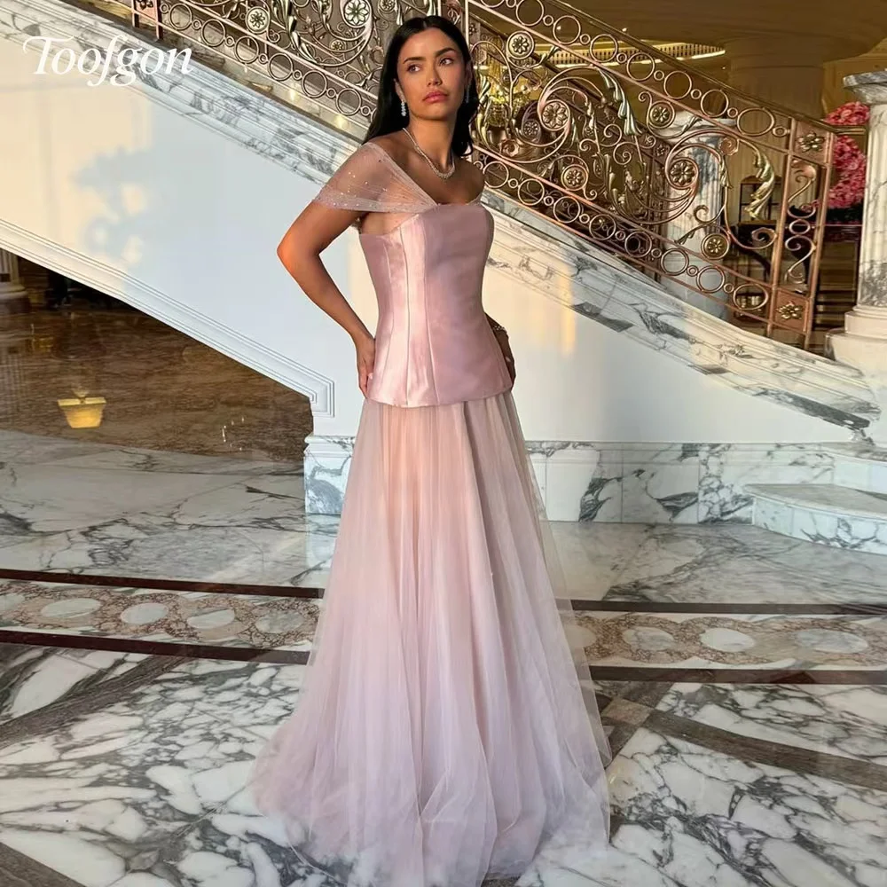 

Toofgon Pink Women A Line Prom Dresses Customized Off the Shoulder Princess Satin Tulle Birthday Party Gown Formal Occasion