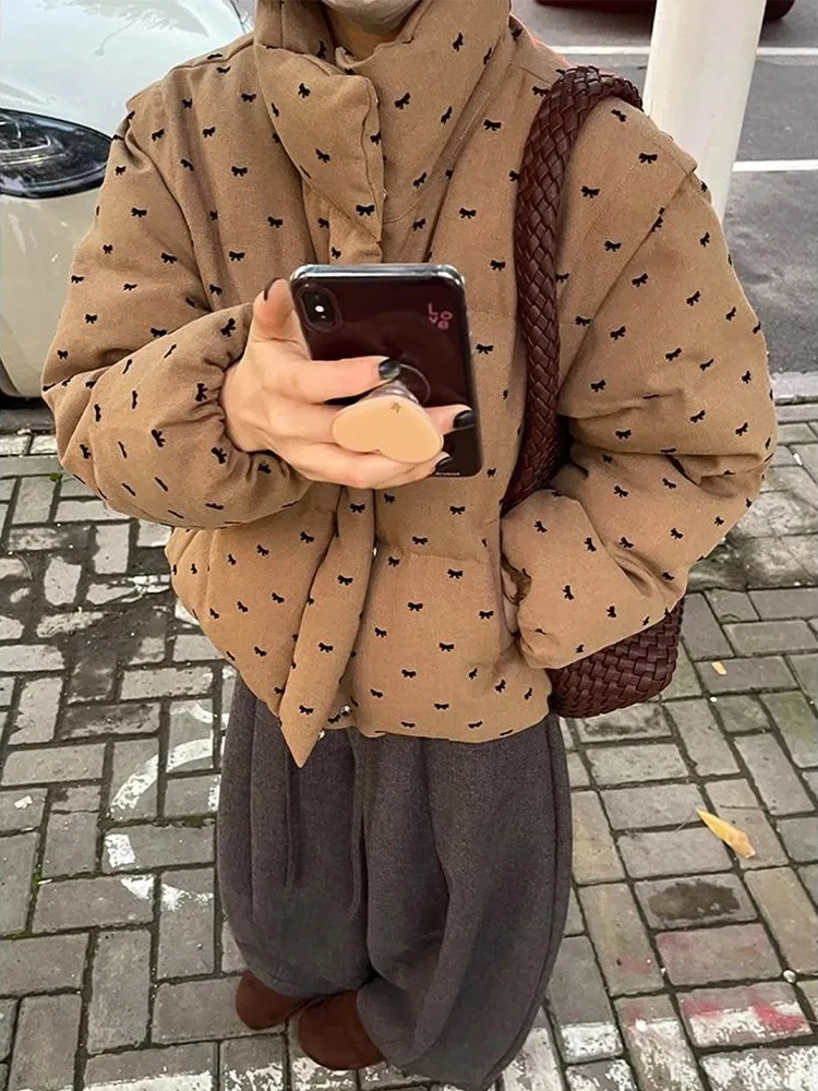 

Bows Print Cropped Parkas Women Vintage Stand Collar All Match Casual Puffy Coats Winter Thick Warm Female Loose Retro Outwear