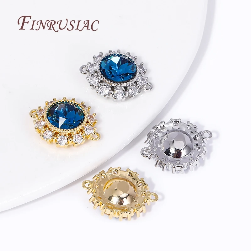 18K Gold Plated Inlay Zircon Blue Rhinestones Round Connect Charms Pendants High Quality DIY Jewelry Making Necklace Earrings