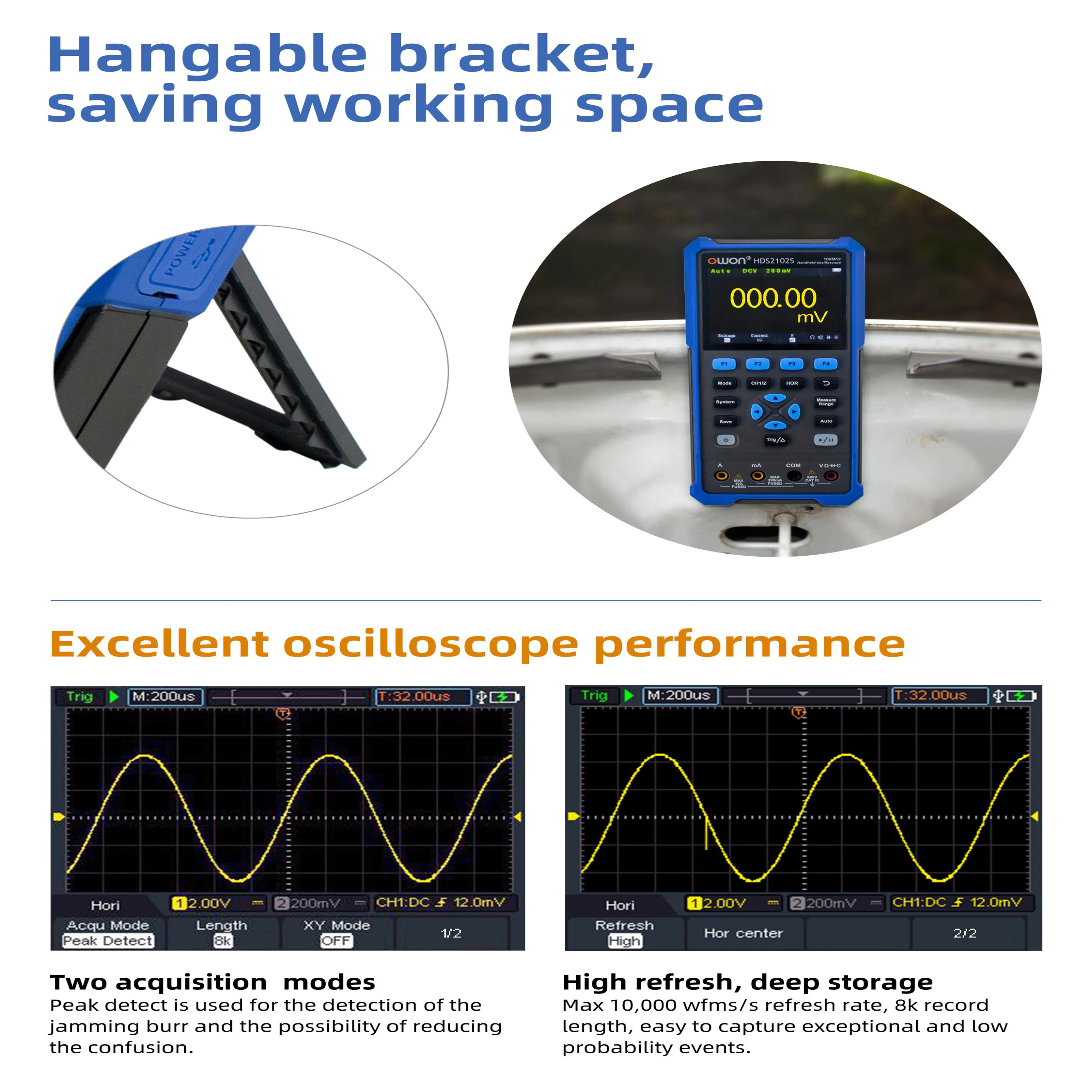 OWON HDS2102S 2-CH Digital Oscilloscope 3.5-inch 100MHz Bandwidth 500MSa/s Sample Rate 1-CH Generator 20000 Counts Multiumeter