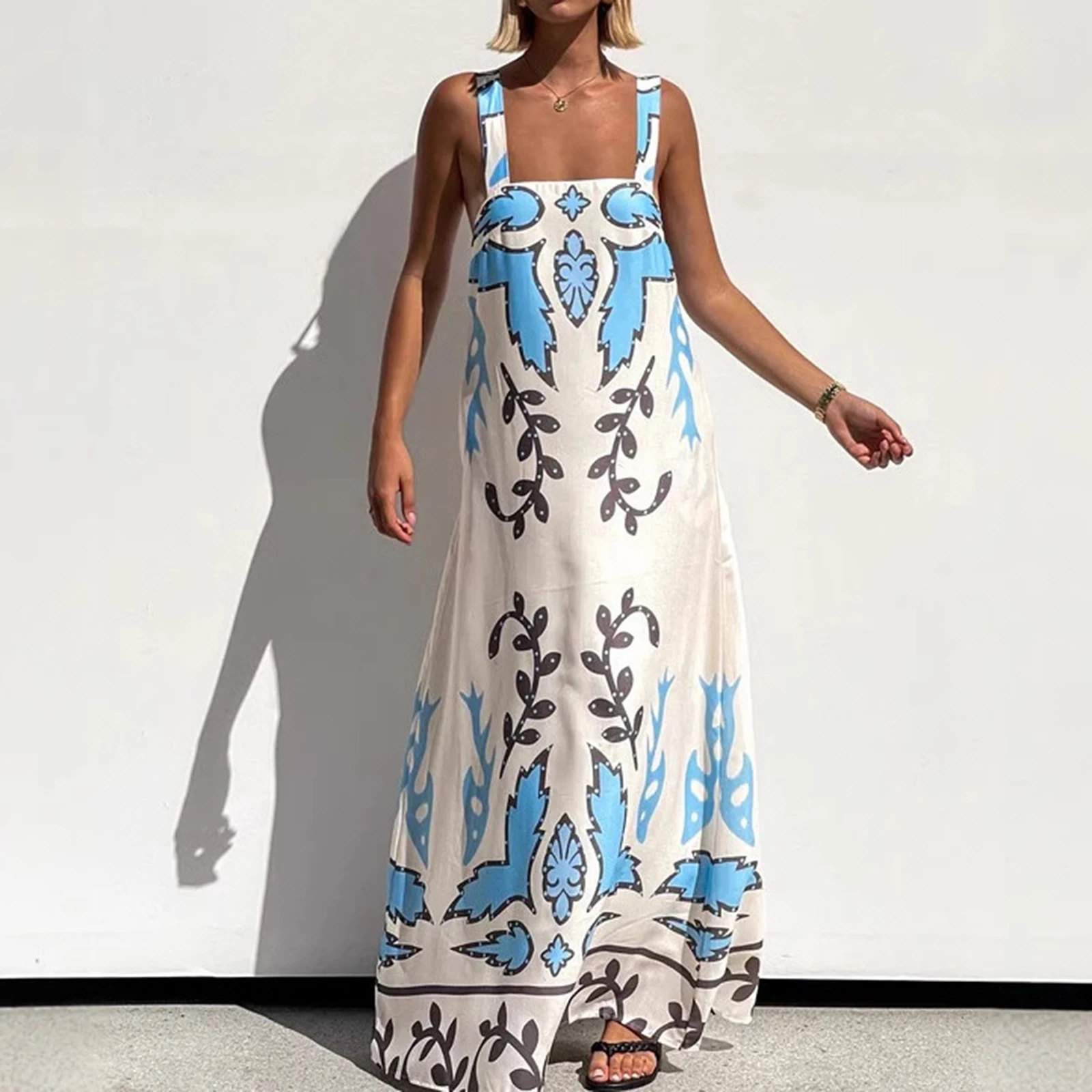 ใหม่สตรีฤดูร้อนยาว Cami ชุดเดรสแขนกุดสแควร์คอหลวม Floral Beach Dresses ขายร้อน S M L