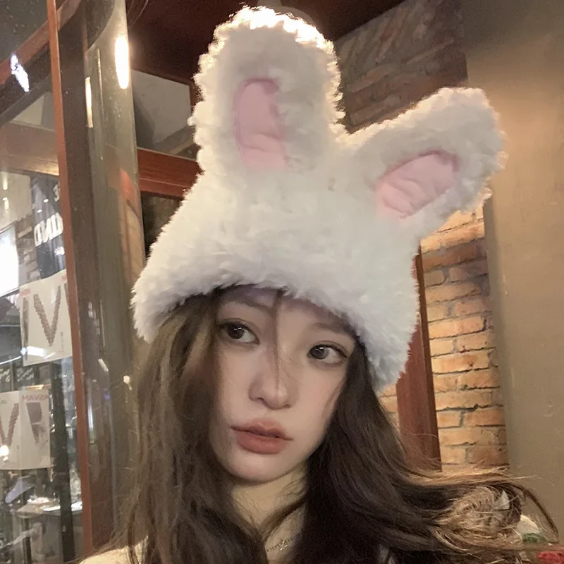 Sweet Rabbit Ears Hats Kawaii Plush JK Lolita Fur Funny Gift Japanese Women Winter Warm Thickened Cap Bomber Hats Cosplay Hat