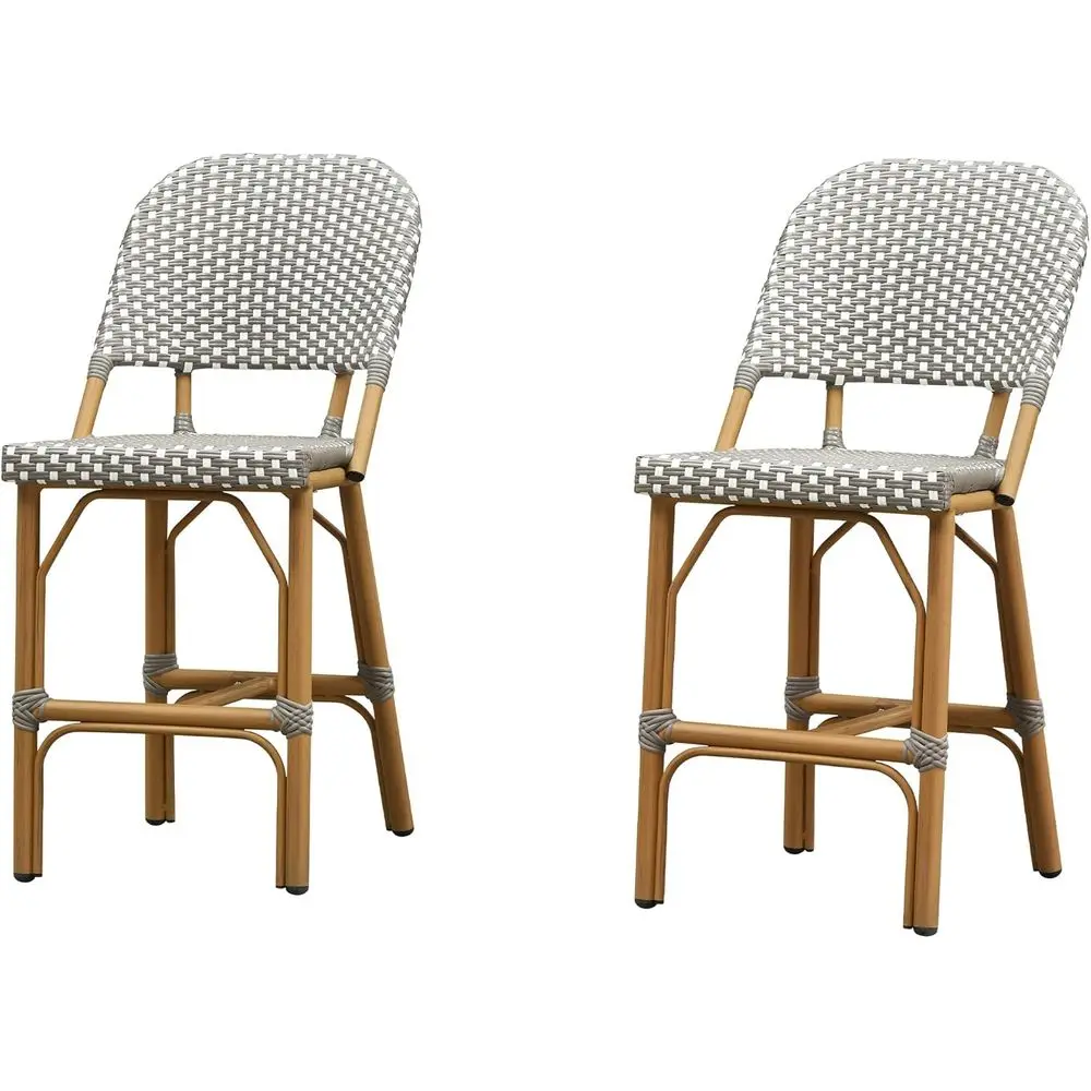 

Set of 2 Grey French Country-Style Rattan Outdoor Bar Stools with Teak Print for Patio, Garden, or Indoor Kitchen