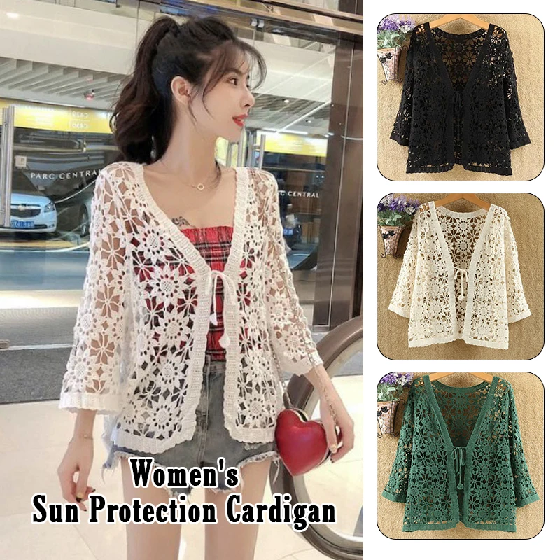 

Women Summer Hollow Out Thin Coat Knitted Crochet Floral Cardigan Long Sleeve Lace-Up Cover Up Jacket Summer Shrug