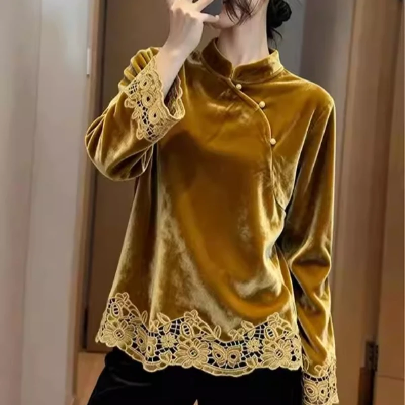 

Весенне-осенняя женская винтажная вышитая футболка желто-зеленого и винно-красного цветов, женская одежда, велюровые топы и рубашки со воротником-стойкой