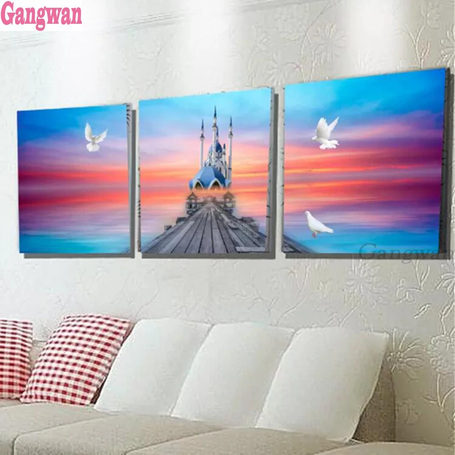 3 pcs 3d round square diamond embroidery Bridge to Muslim church Diy full diamond painting stitch cross mosaic picture home art