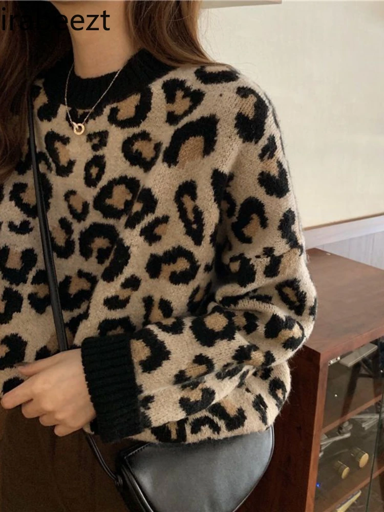 Suéter con estampado De leopardo para mujer, Jersey Retro holgado, parte inferior holgada, Top De invierno, novedad De 2024