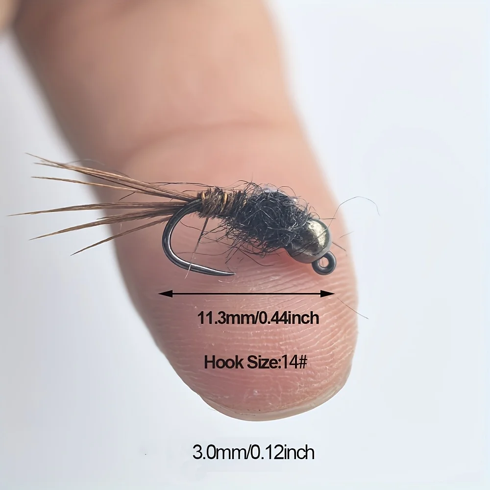 5 Stück # 14 Barbless Tungsten Jig Nymphen-Fliegen mit Fasanenschwanz, Euro-Nymphen, Nassfliegen für Forellen-, Grauelfen- und Weißfischangeln – Detail 3