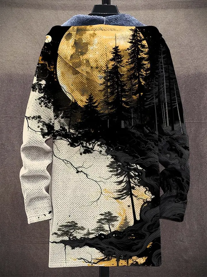 Ink Moon Landscape Unisex Plush Thick Long-Sleeved Sweater Cardigan Coat Men's Thick Warm Jacket
