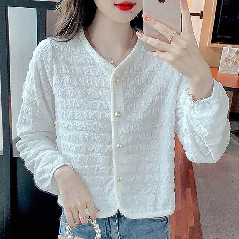 Women's New Style Stitched V-neck Button Fashion Solid Color Versatile Casual Long-sleeved Top