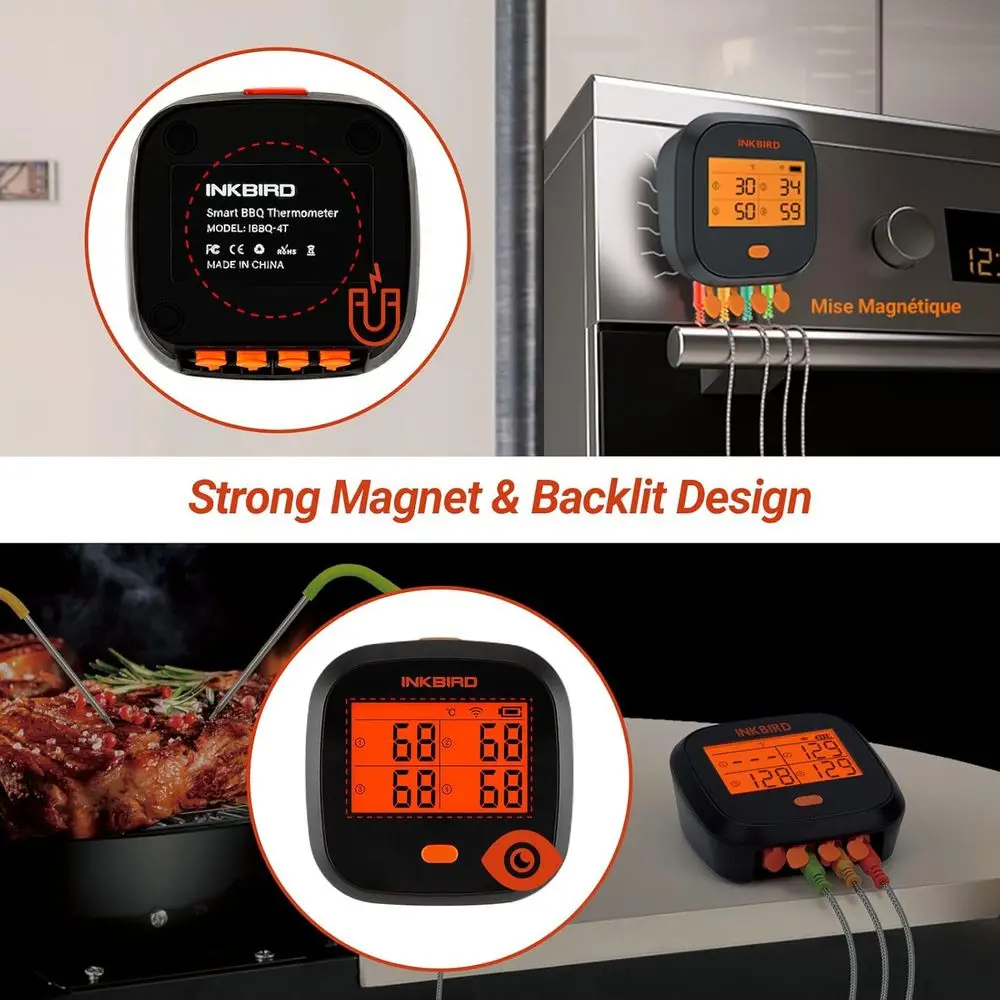 Meat Thermometer Grilling Rechargeable BBQ Thermometer APP Temp Graph Mobile Notification, 4 Color Probes Pellet Smoker Oven