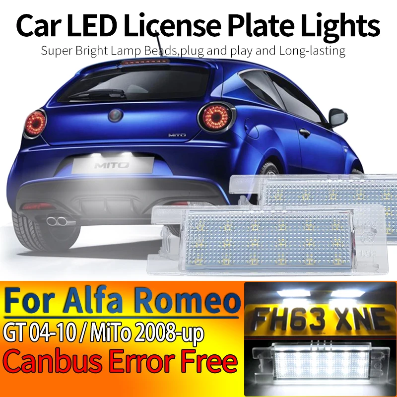 2Pcs Canbus Error Free LED License Plate Light For Alfa Romeo MiTo 2008- GT 2004-2010 6000K Number Parts Accessories Plug & Play
