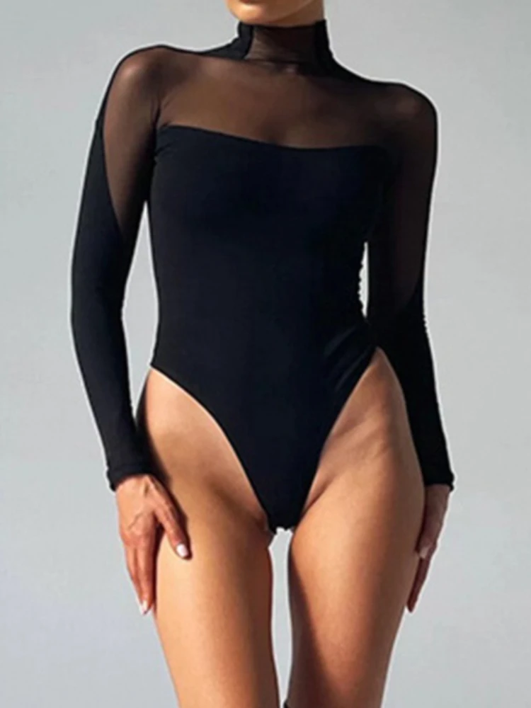 SsTss أسود رقبة عالية بقماش شفاف لوحة طويلة الأكمام ارتداءها المرأة ربيع جديد موضة المرقعة سليم Bodycon نادي الحفلات تيز القمم