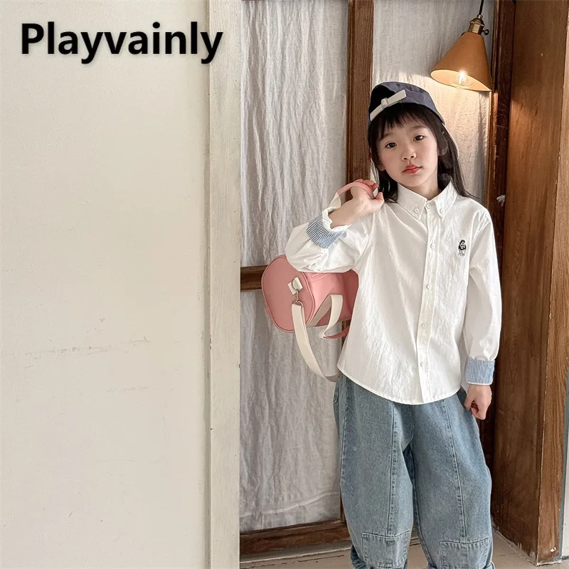 

2025 New Autumn Kids Long Sleeve Shirts Cartoon Bear Embroidery Beige Blue Single Breasted Blouse Boy Girl Clothes Tops A6031