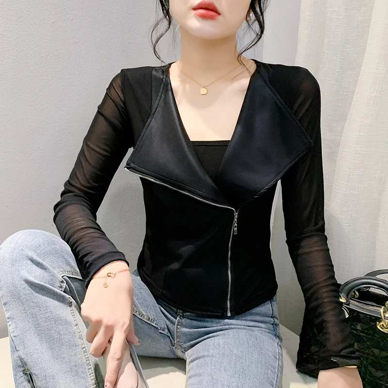 Autumn Winter New Korean Fashion Zipper T shirt Patchwork PU Mesh Tops Long Sleeve Black Women's Tees