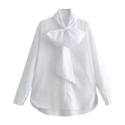 UNIZERA 2024 Spring New Women's Fashion Hong Kong Style Retro Slim and Versatile Style Bow Decoration Poplin Shirt