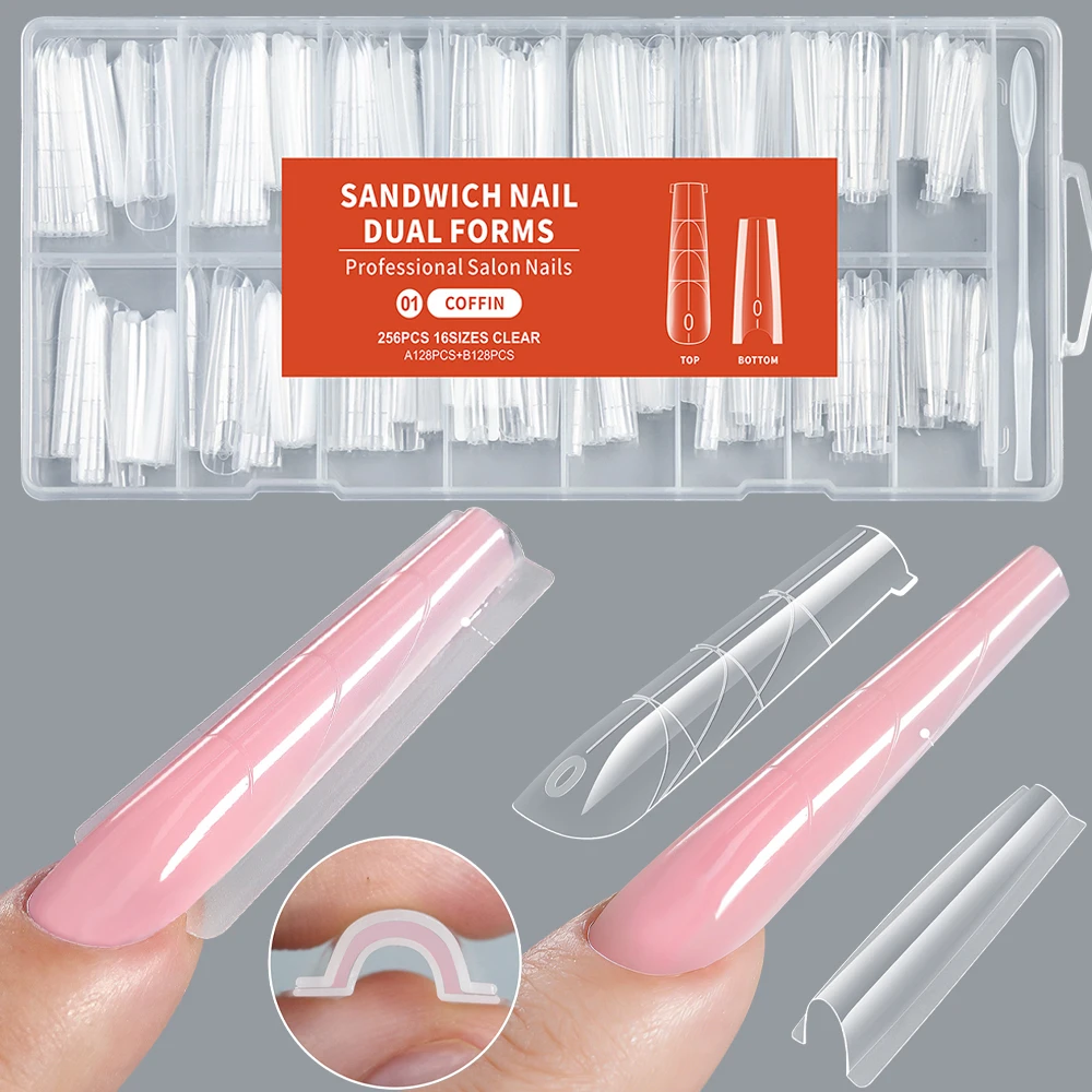 

256/180Pcs Sandwich Nail Dual Form French Nail Tips Quick-Building Gel Form Long Coffin Almond Full Cover Nail Extension Forms#-